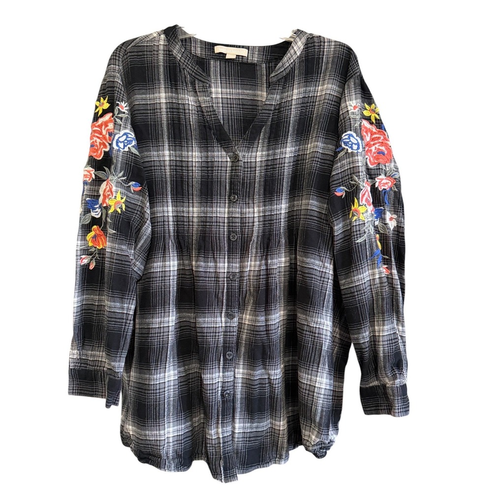 Woman Within Black White Plaid Floral Embroidered Tunic Top 2X Cottage